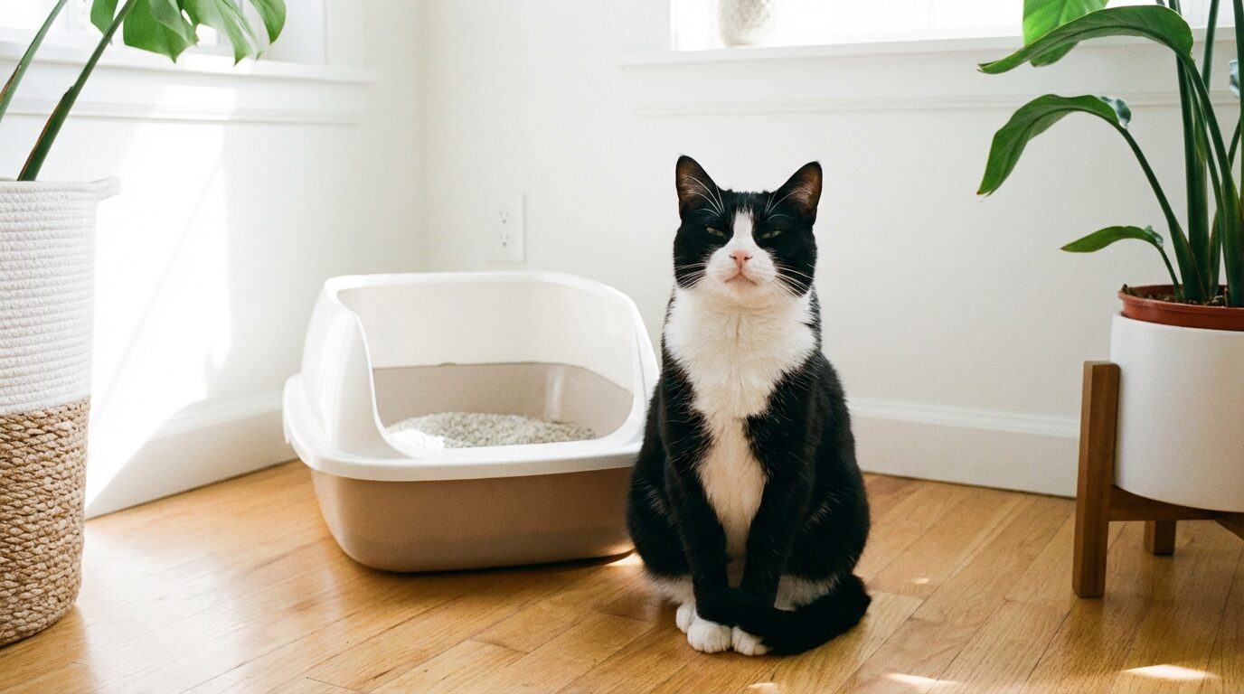 猫砂を選び終えて満足そうにトイレの前に座る白黒猫