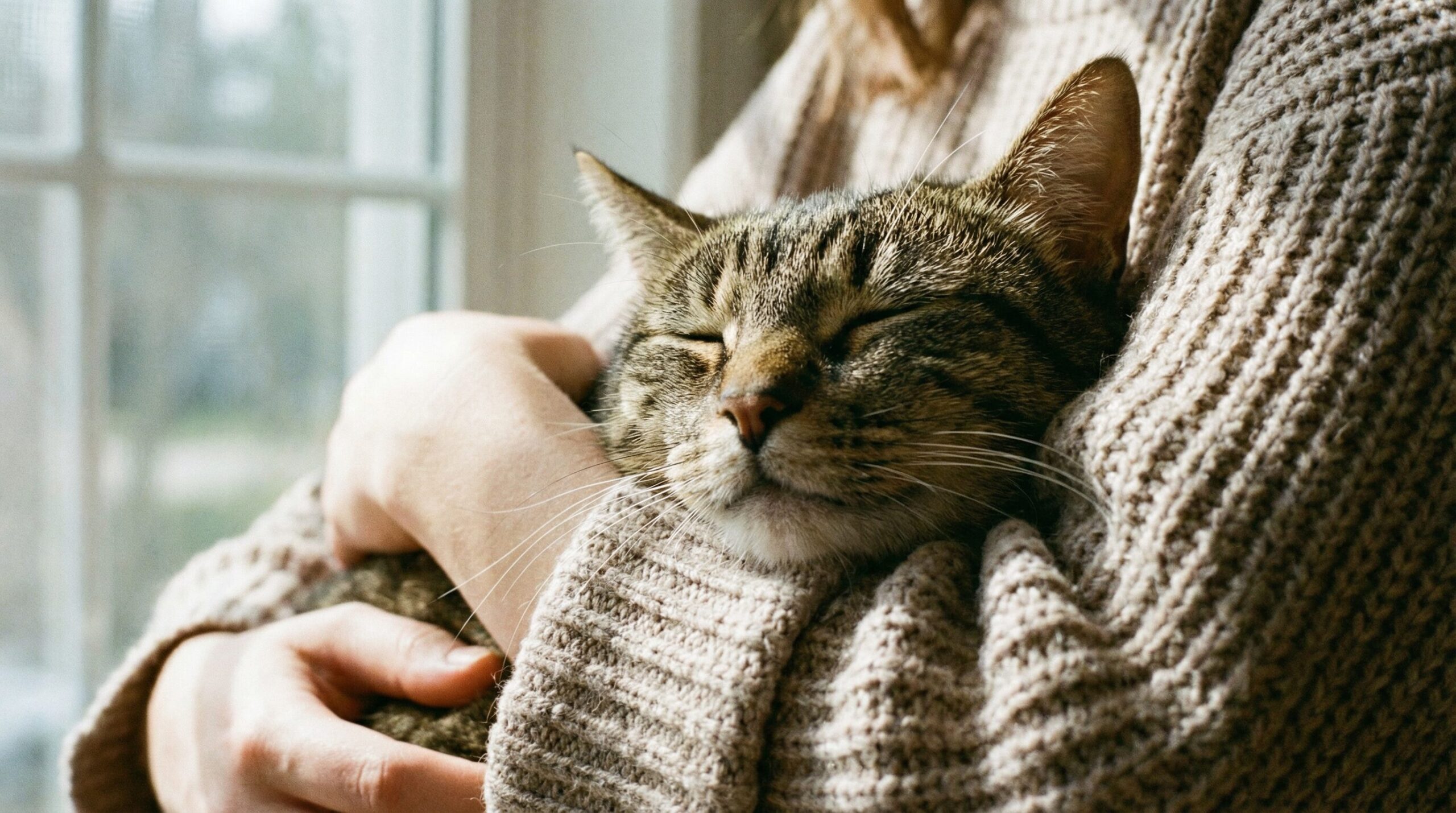 女性の腕に抱かれ、目を閉じてリラックスしているキジトラ猫の顔