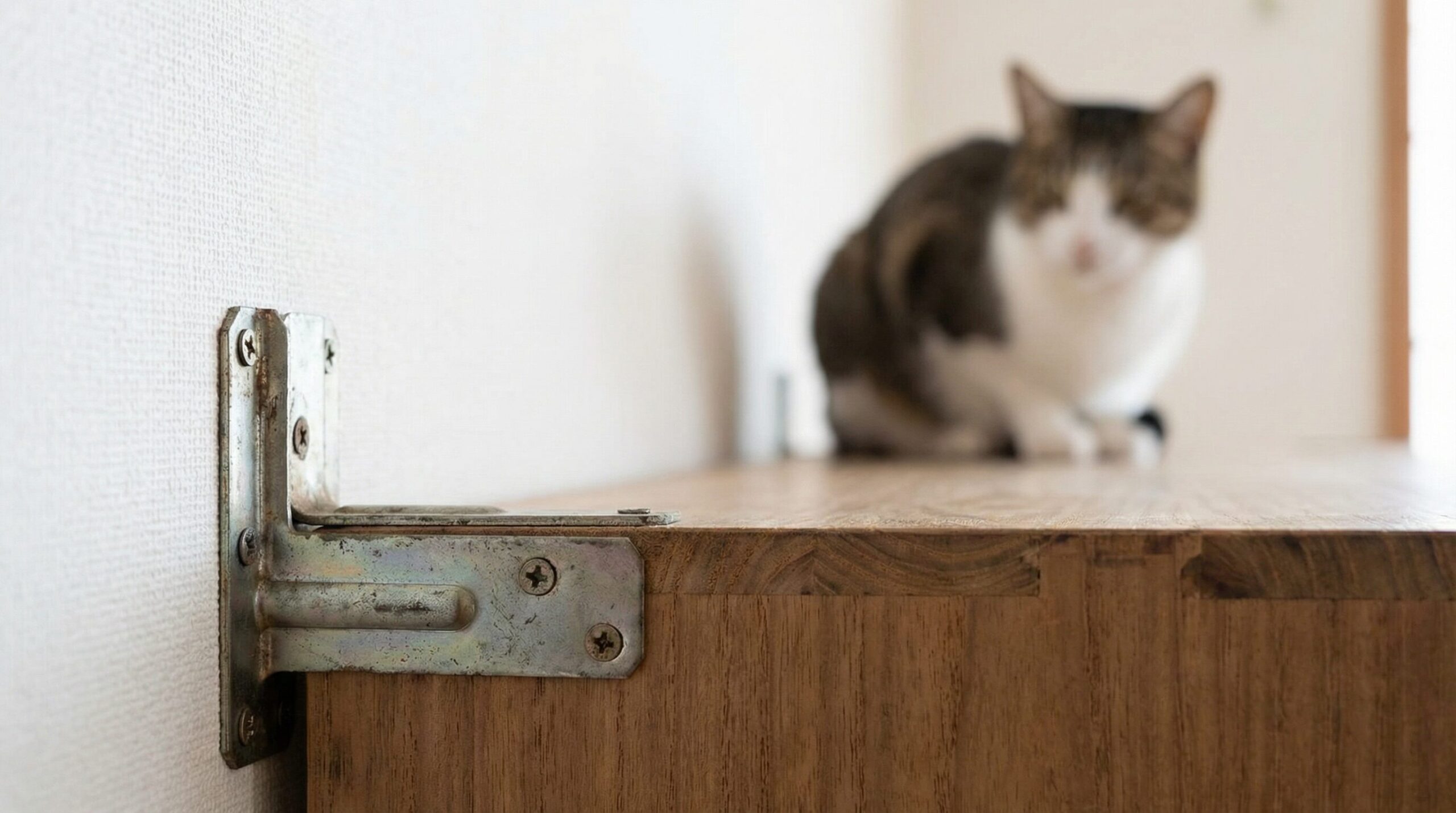 地震対策でタンスを壁に固定するL字金具と、その奥に座る猫
タイトル タンスの転倒防止金具と愛猫