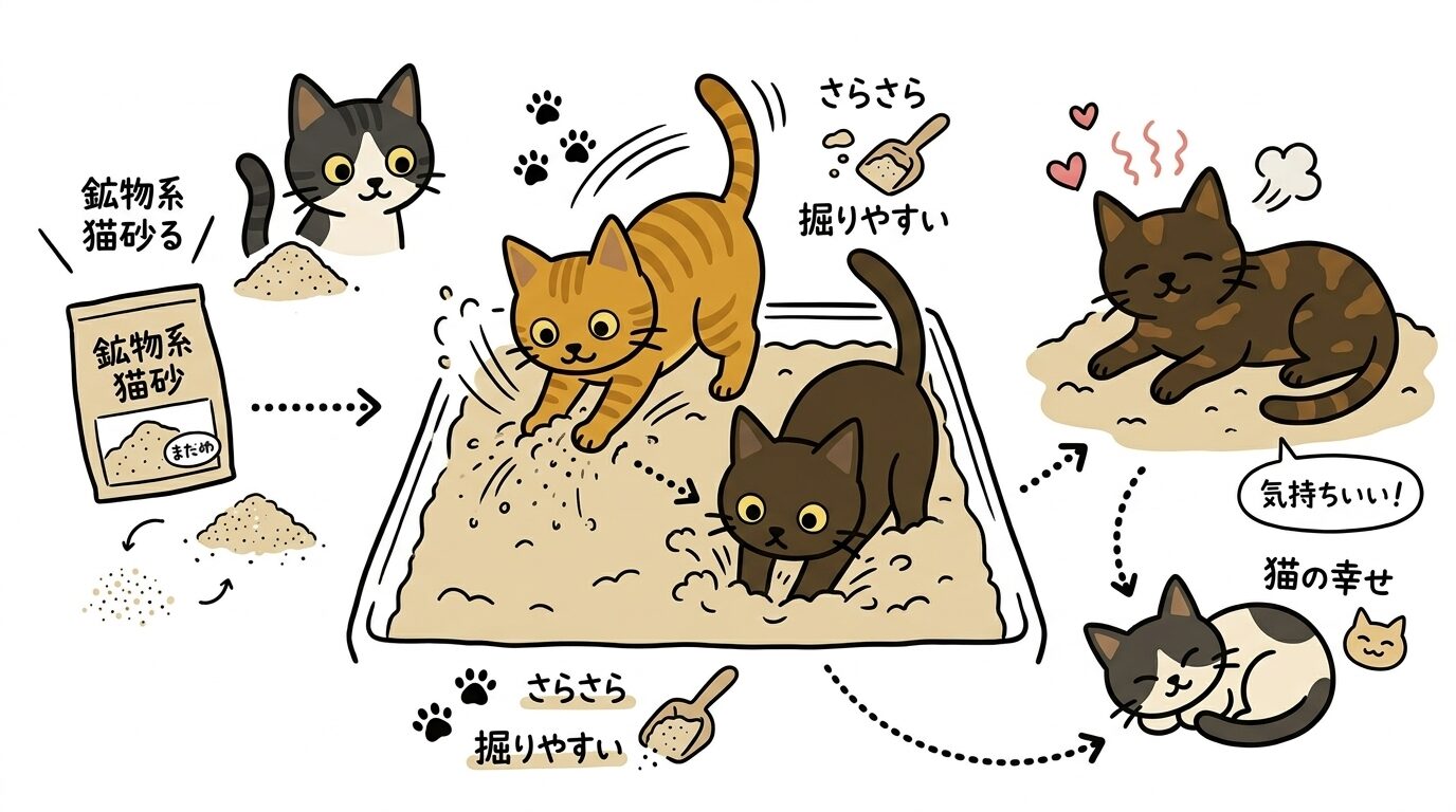 鉱物系猫砂で砂を掘る猫の行動と選ぶ理由をグラフィックレコードで解説したイラスト