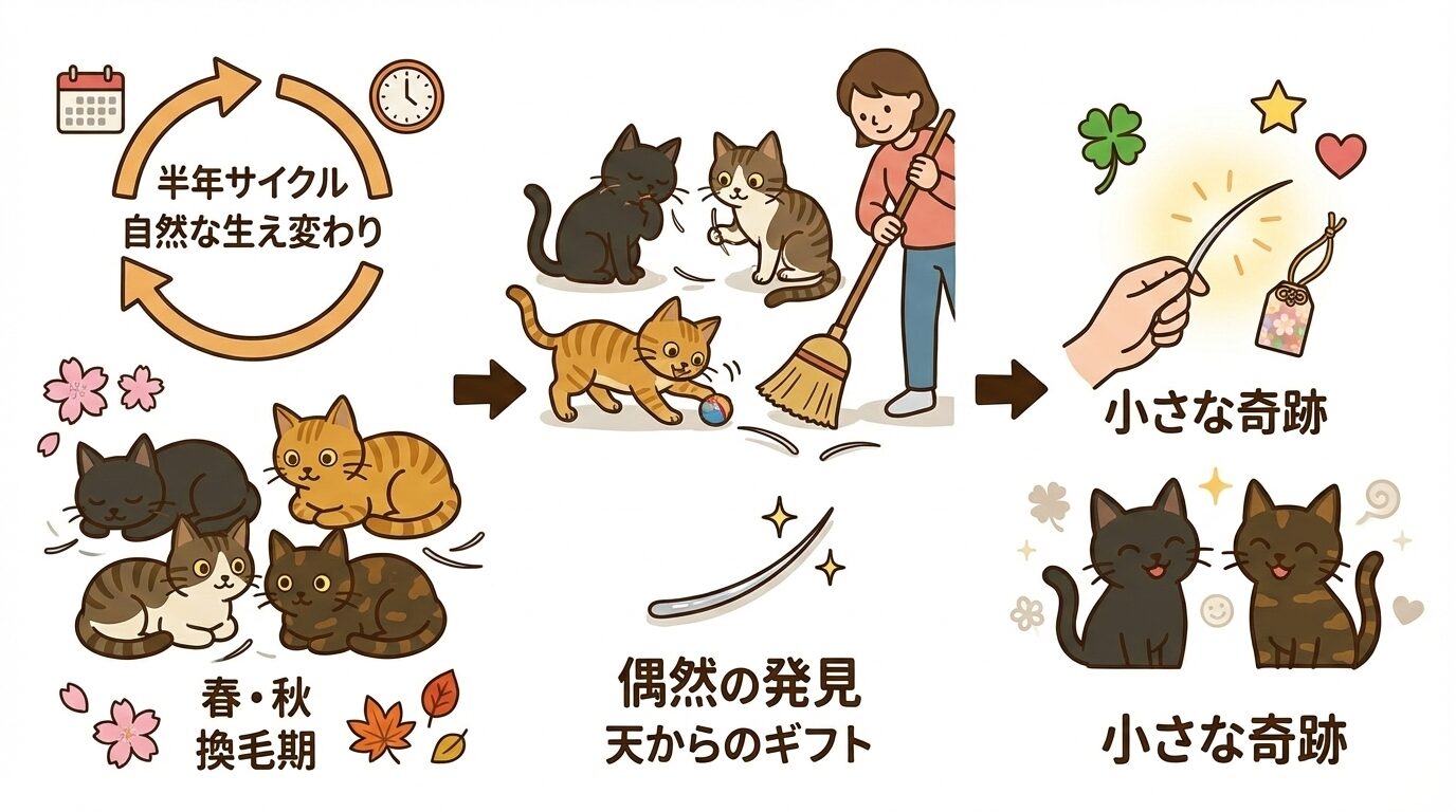 換毛期や生え変わりのサイクルで自然に抜け落ちた猫のヒゲを、掃除中に偶然発見する様子の図解。