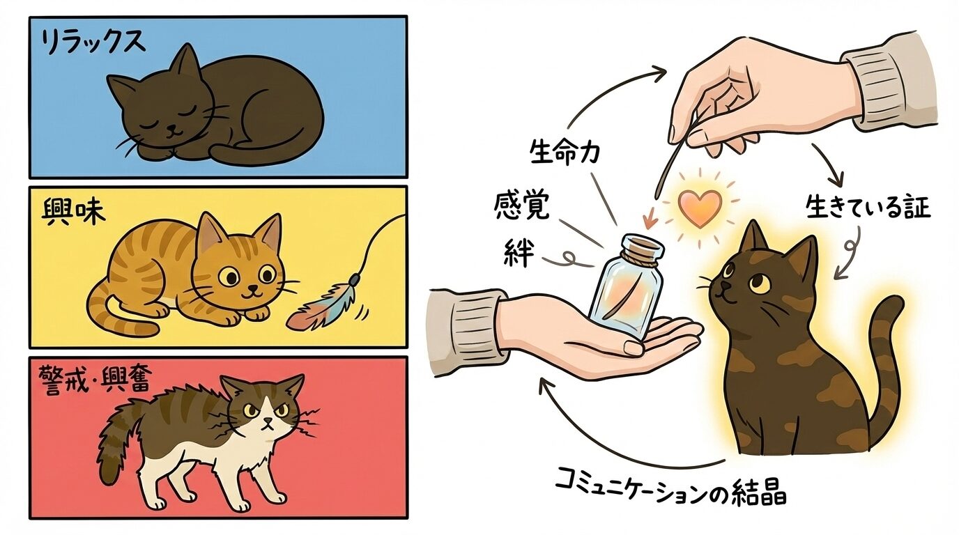 猫のヒゲの向きによる感情変化（リラックス、興味、警戒）と、抜けたヒゲを瓶に保存する絆のイラスト図解。