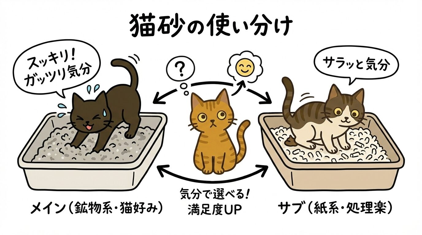 猫砂の使い分け図解:メイン鉱物系とサブ紙系を併用。猫が気分で選べる環境のメリット。