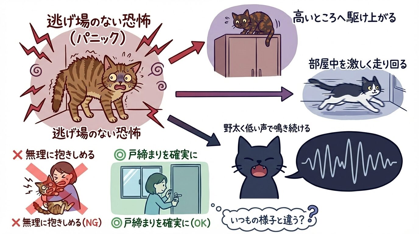 地震のパニックで走り回ったり鳴く猫の行動パターンと、飼い主のNG・OK対応の図解