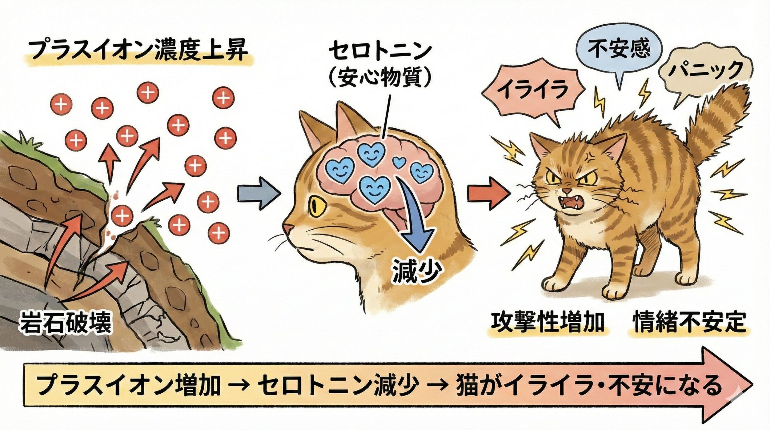 地震前のプラスイオン増加で猫のセロトニンが減少しイライラする図解