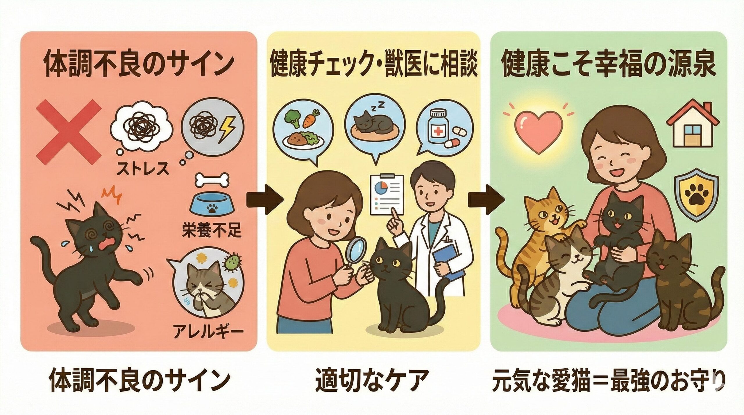 猫の体調不良のサインに気付き、獣医に相談して適切なケアを行うことで、愛猫の健康が守られる流れの図解。