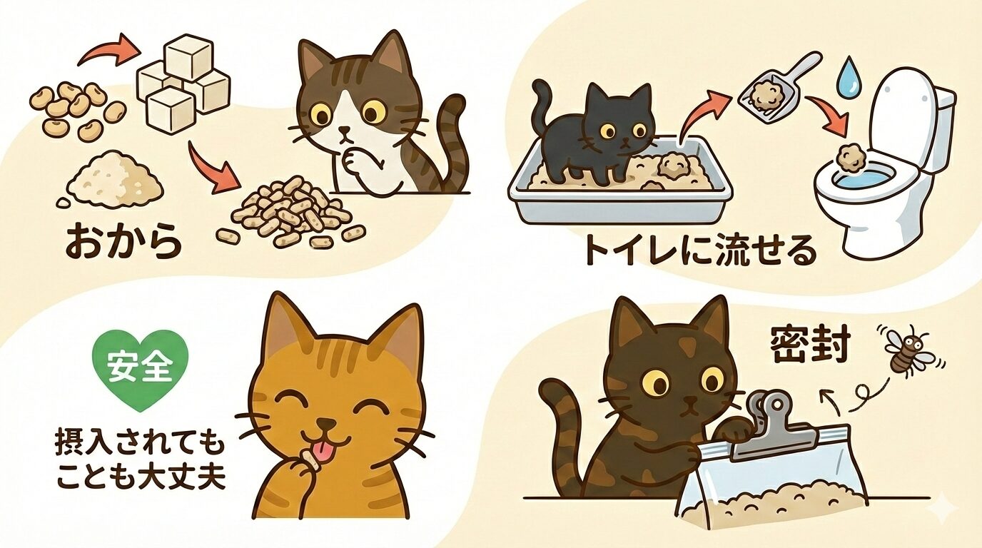 おから猫砂の特徴図解:原料、トイレに流せる便利さ、誤食時の安全性、密封保管の必要性