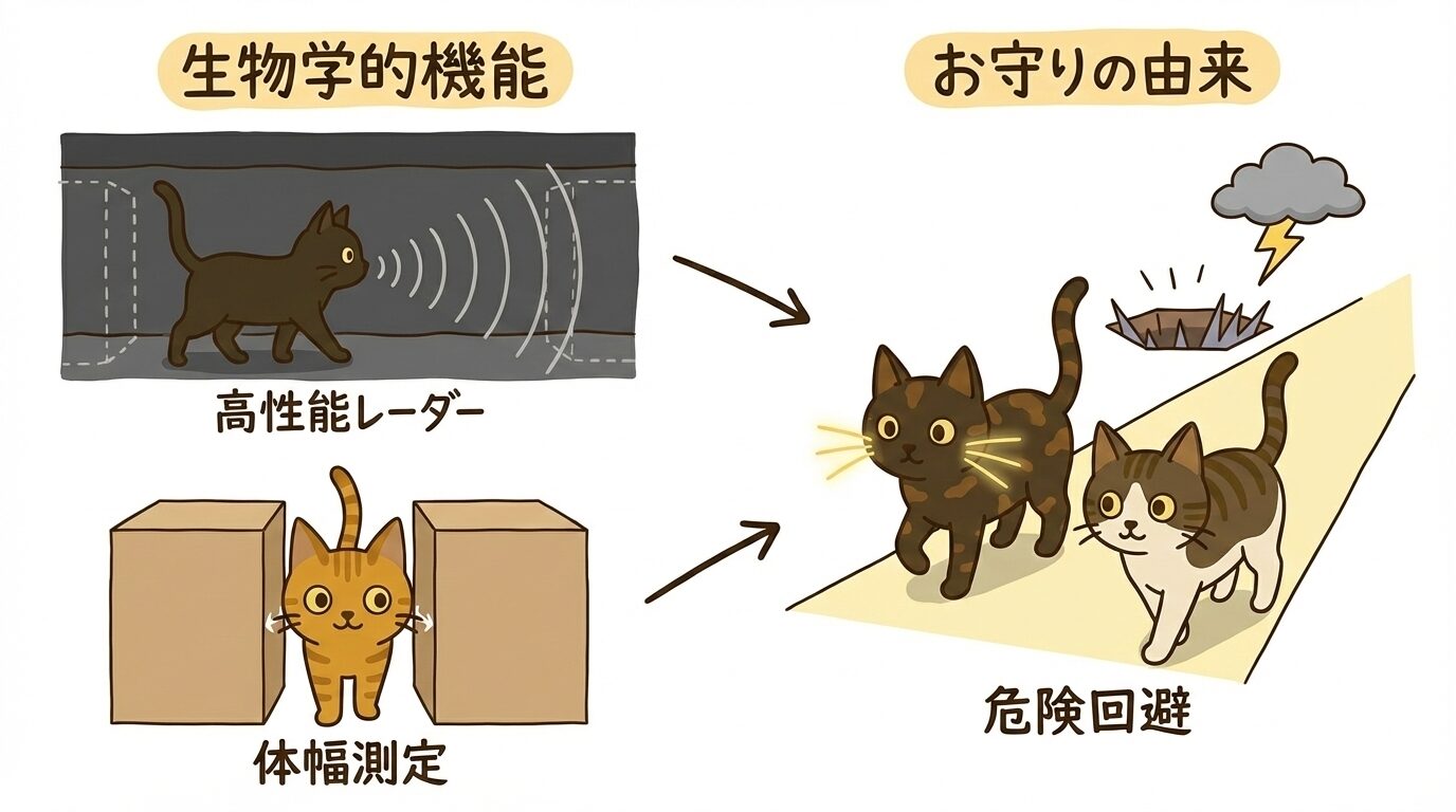 猫のヒゲが空間認識や平衡感覚を保つセンサーであり、それが危険回避のお守りの由来となった図解。