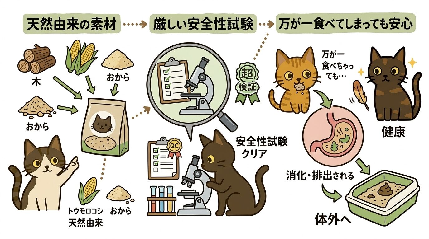 おから猫砂の安全性と子猫への適性をグラフィックレコードで解説したイラスト