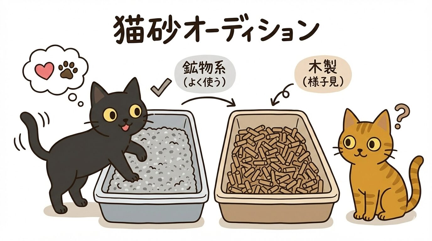猫砂オーディション図解:鉱物系と木製を並べて猫の好みを判別するテスト方法。