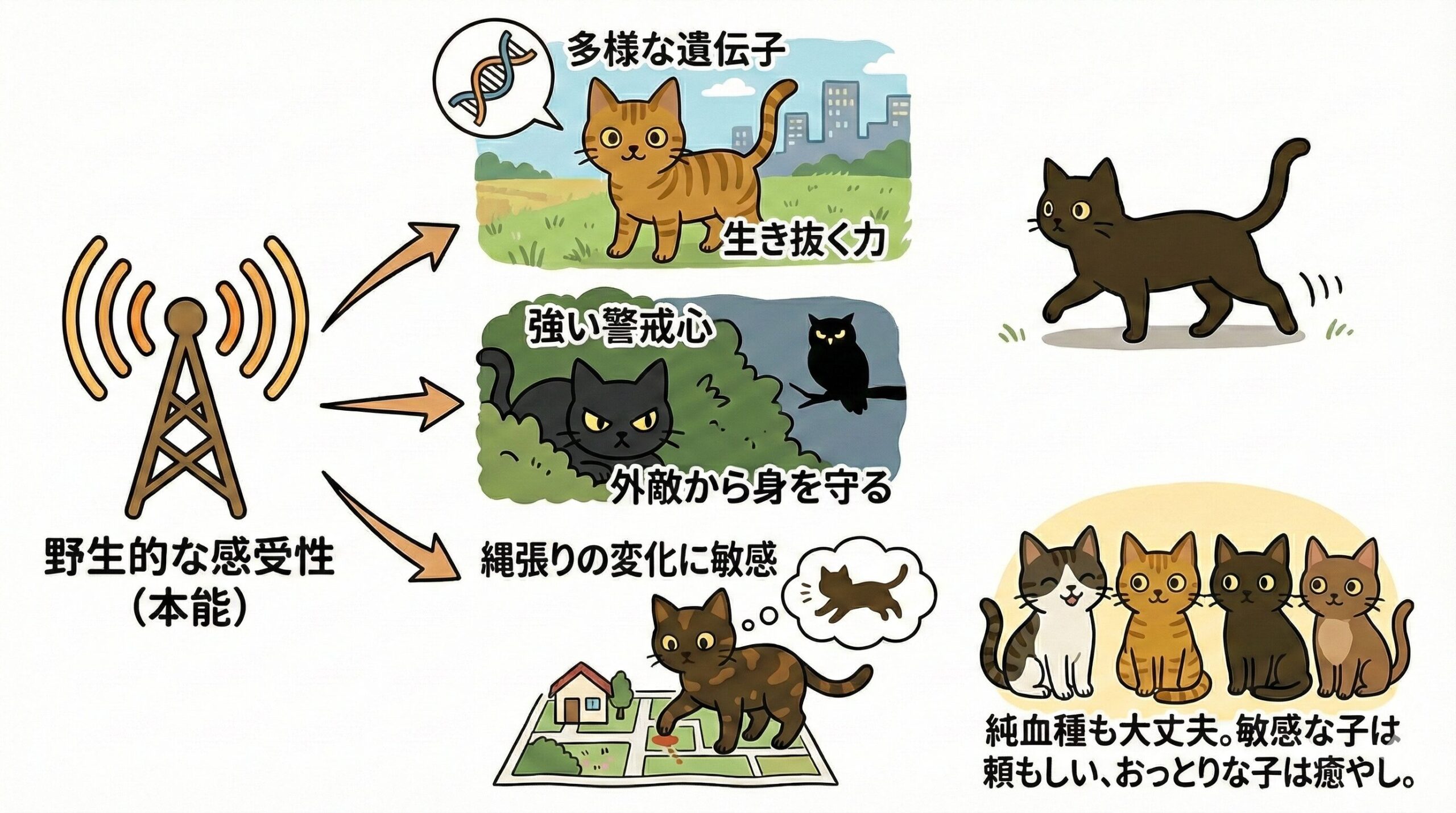 雑種やオスなど野生本能が強い猫ほど地震に敏感な傾向があることを示す図解