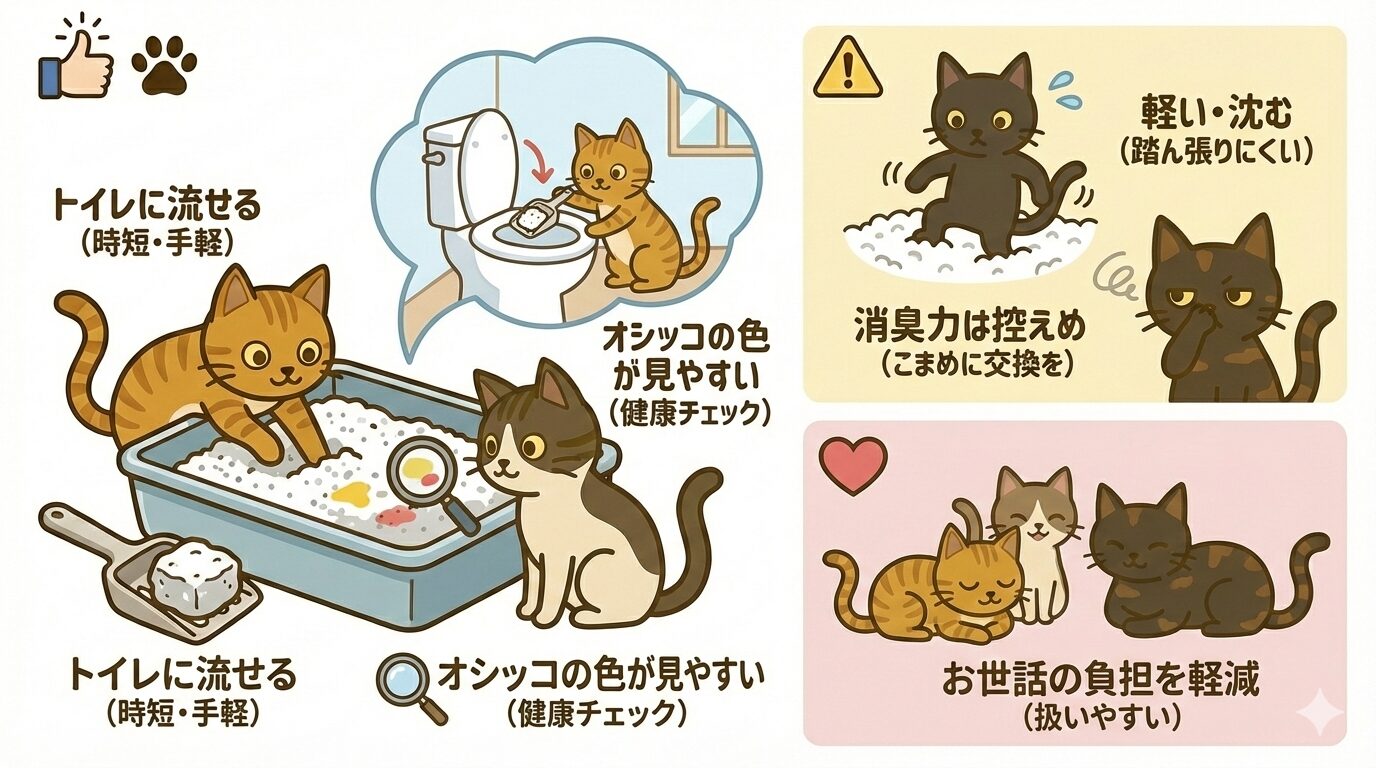 紙製の猫砂のメリット(流せる・健康確認)とデメリット(踏ん張りづらさ)の解説図解