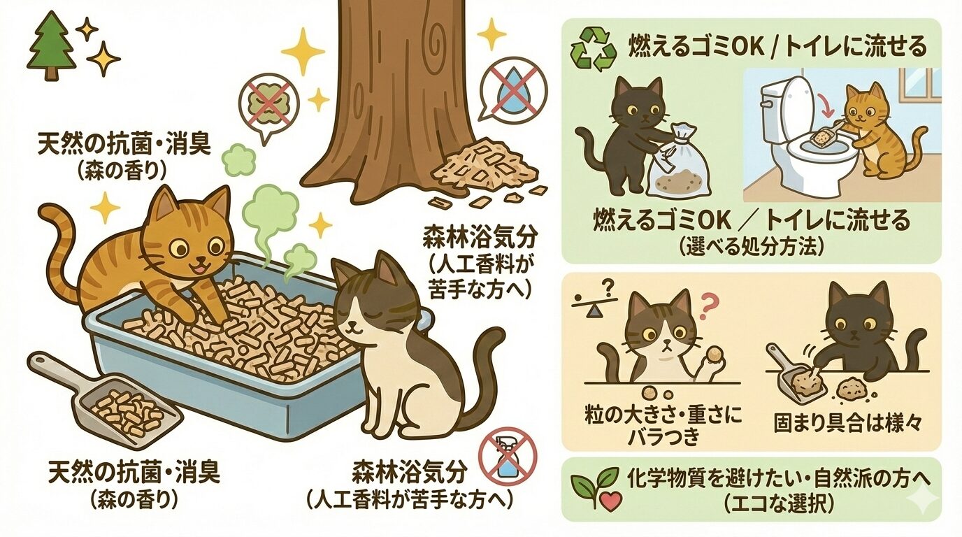 木の猫砂のメリット(天然消臭・抗菌)とデメリット(固まり具合)、エコな特徴の解説図解