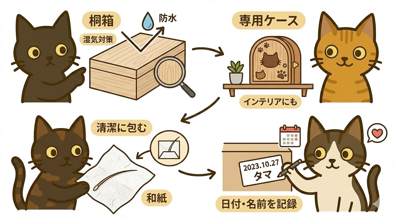 猫のひげを長期保存するための桐箱や専用ケースのメリット、和紙で包み日付を記録する手順の図解。