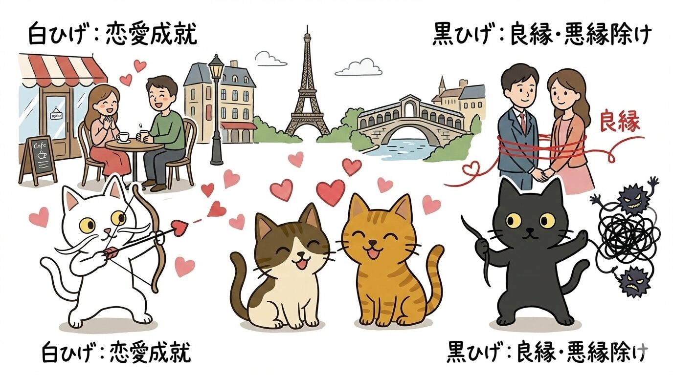 ヨーロッパの街並みを背景に、猫のヒゲが恋愛成就や良縁のお守りになることを表現したイラスト図解。