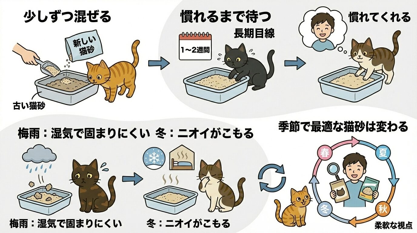 猫砂の切り替え手順と季節の使い分け図解:混ぜて慣らす期間、梅雨と冬の注意点。