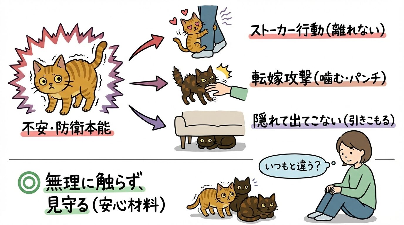 不安によるストーカー行動や攻撃性と、見守る飼い主の対応図解