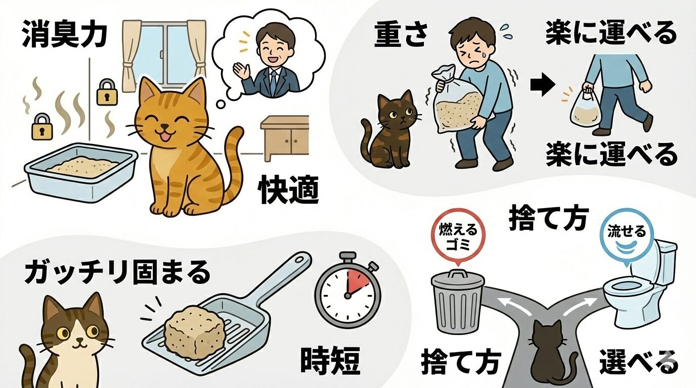 猫砂の利便性比較図:消臭力、持ち運びの軽さ、固まり具合、選べる捨て方の種類。