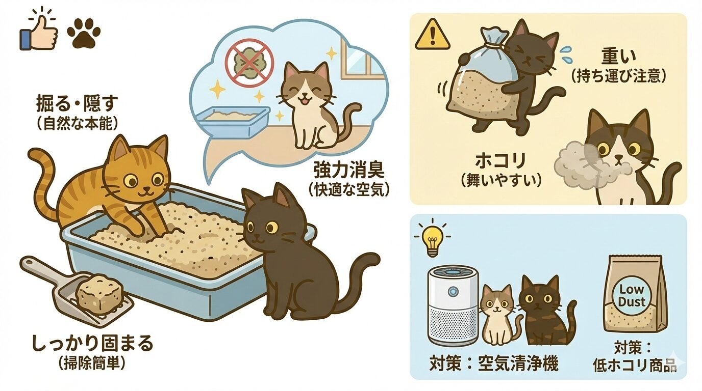 鉱物系猫砂のメリット(本能・固まる・消臭)とデメリット(重さ・ホコリ)、対策の解説イラスト