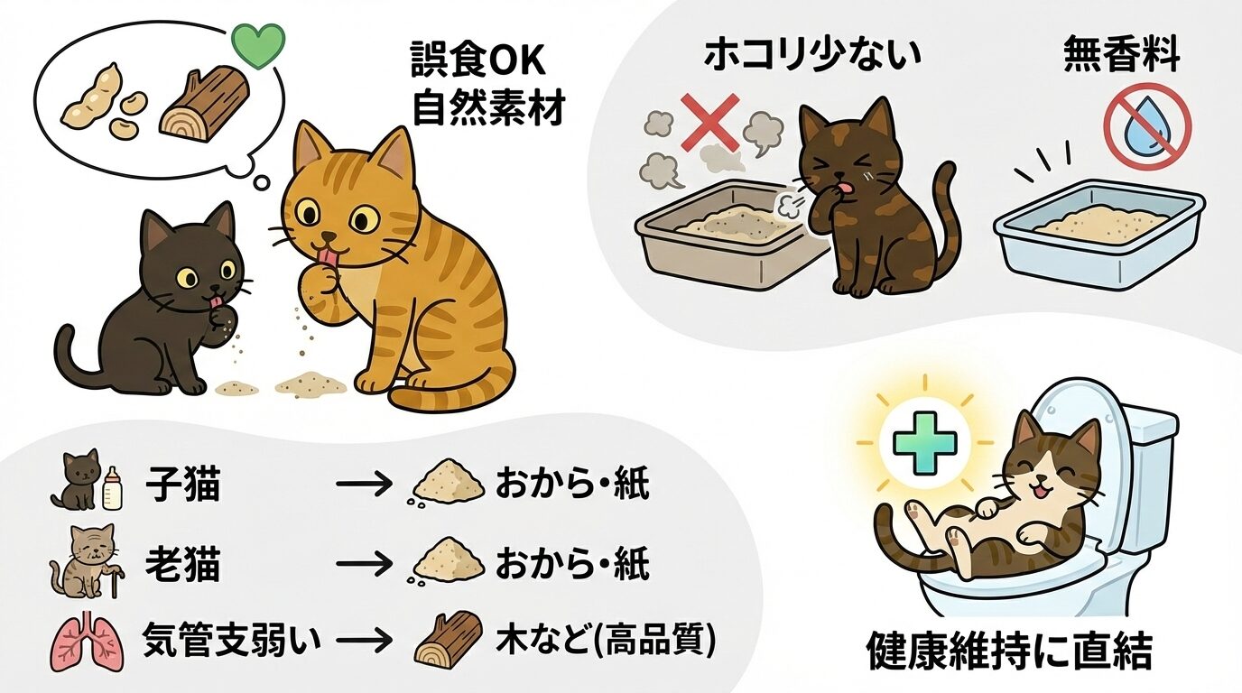 猫砂の安全性選び方図解:誤食OKな自然素材、ホコリ・無香料の確認、年齢・体質別の推奨素材。
