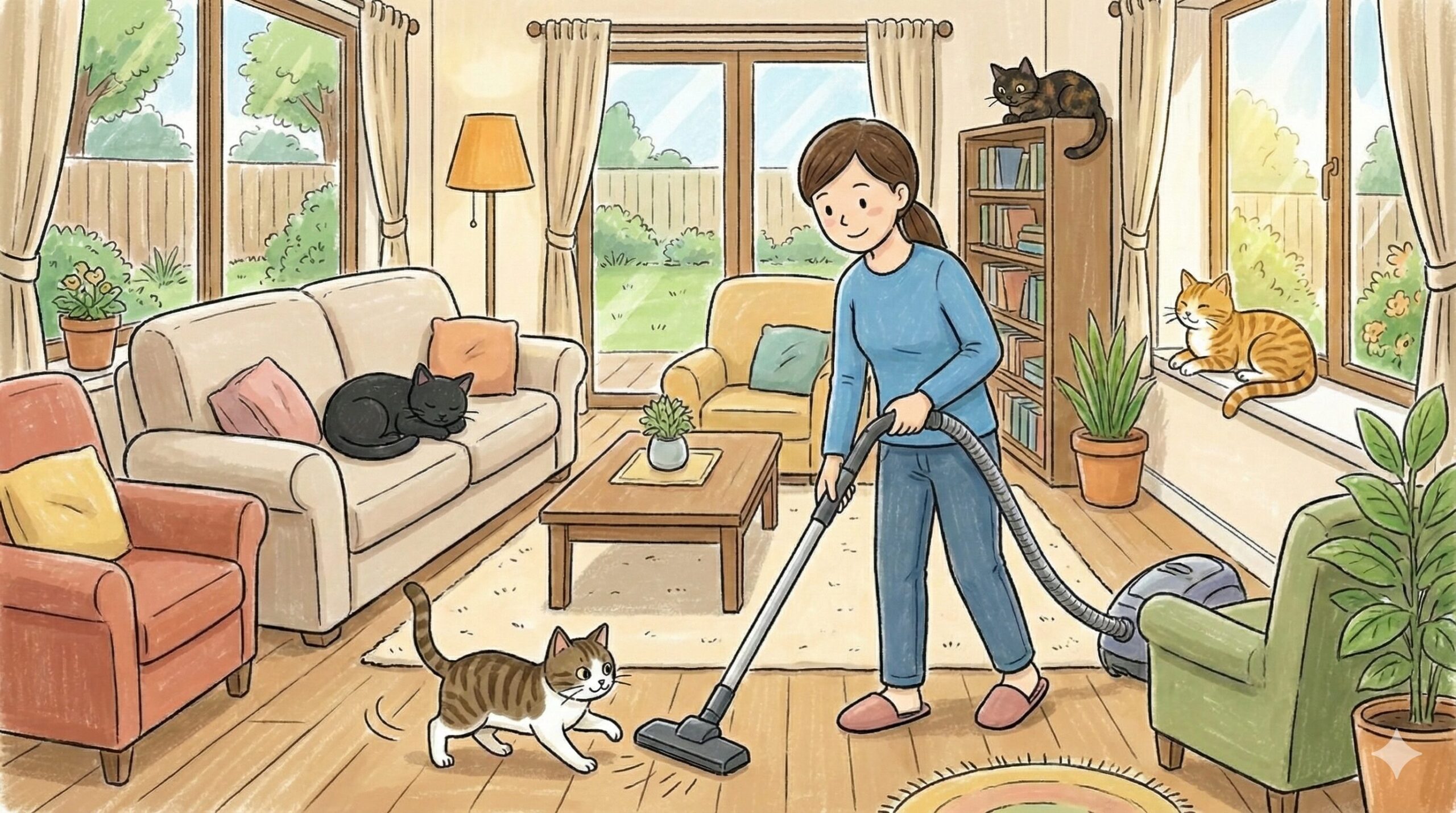 リビングでくつろく猫たちと、掃除をする著者