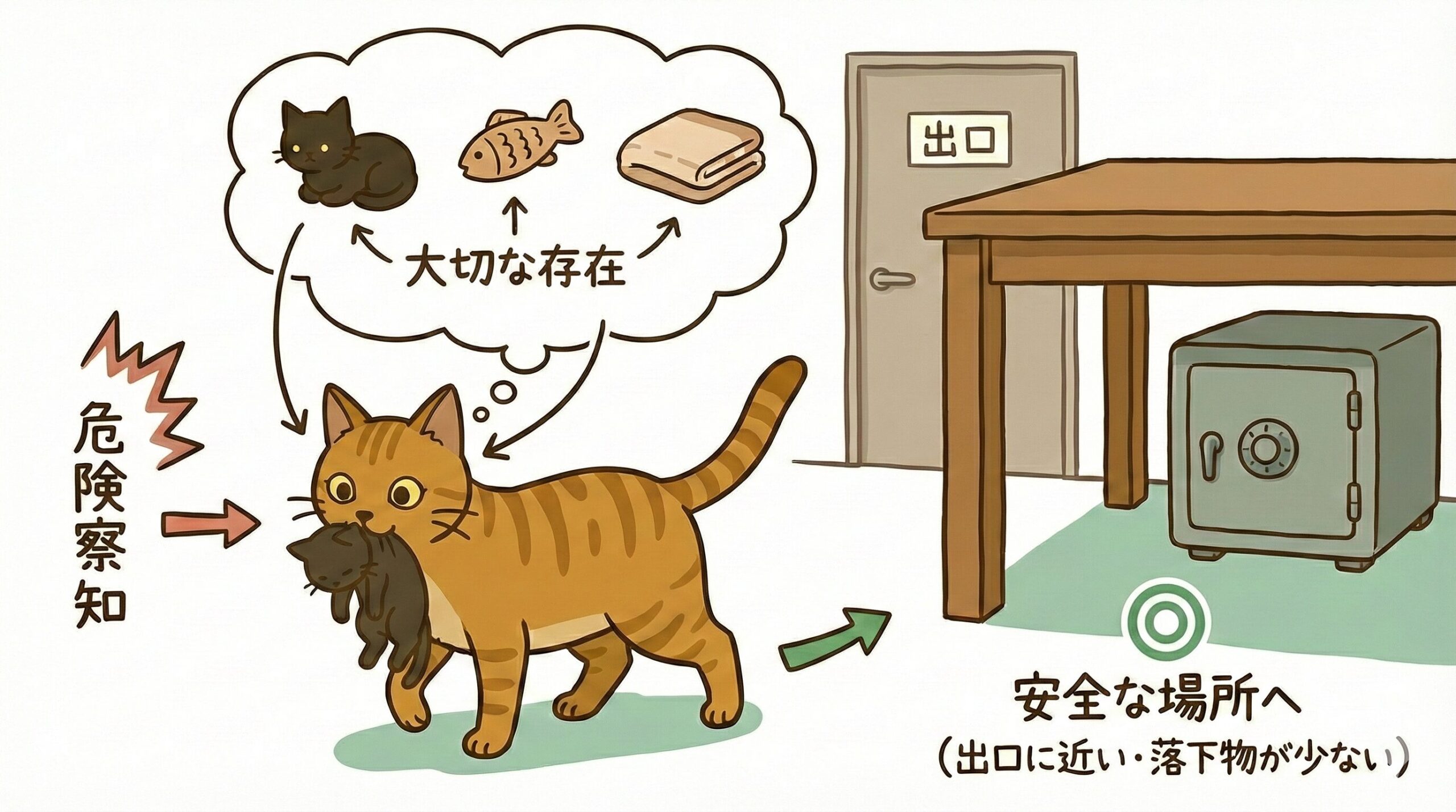 危険を察知し子猫を安全な場所へ運ぶ母猫の本能を描いた図解
