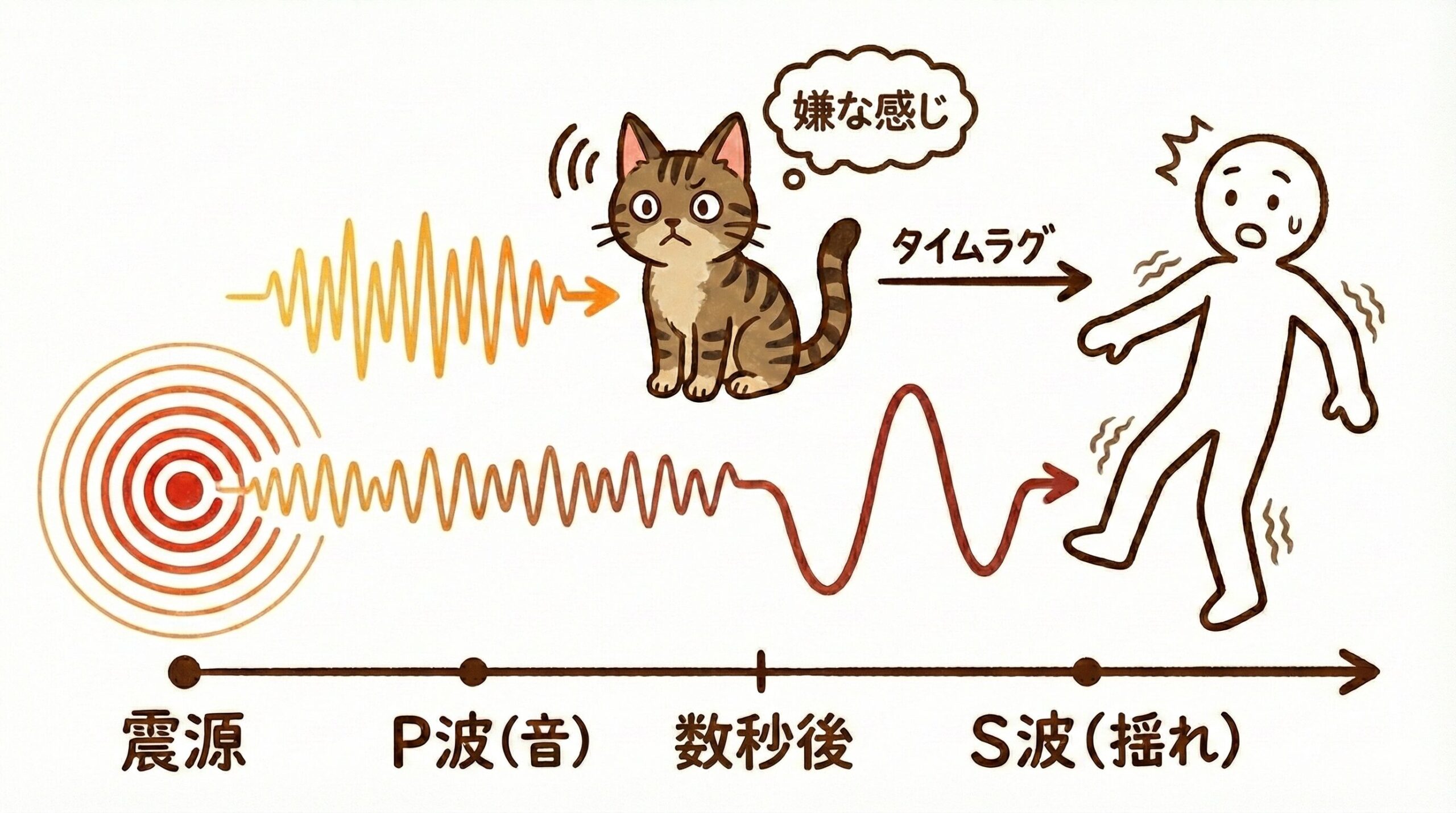 P波を音として検知し人間より早く地震に気づく猫のメカニズム図解