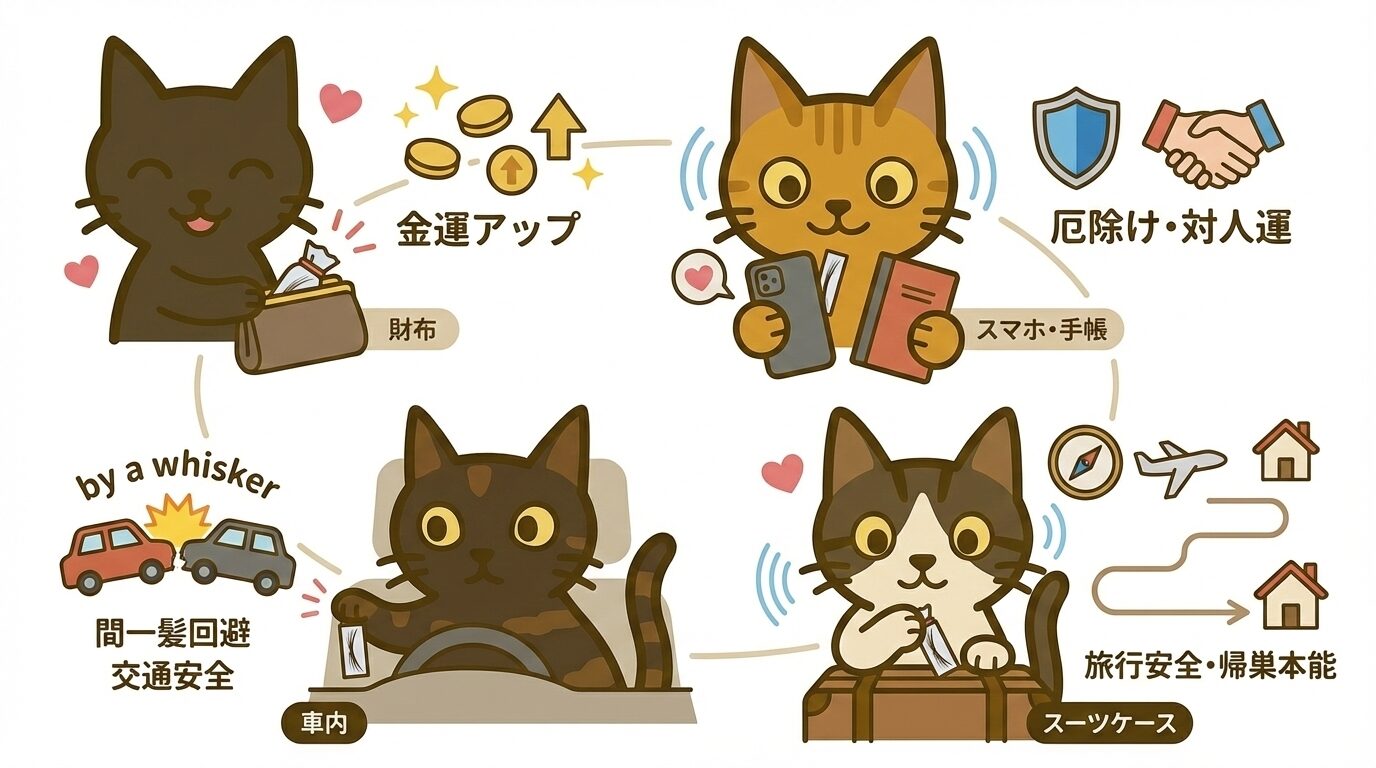 猫のひげを持ち歩く方法（財布、スマホ、車、旅行鞄）と、それぞれの願い事（金運、厄除け等）の図解。