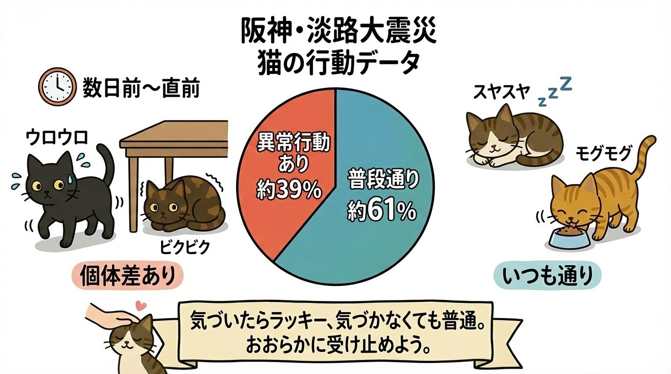 阪神・淡路大震災時の猫の異常行動は約4割だったことを示す円グラフとイラスト