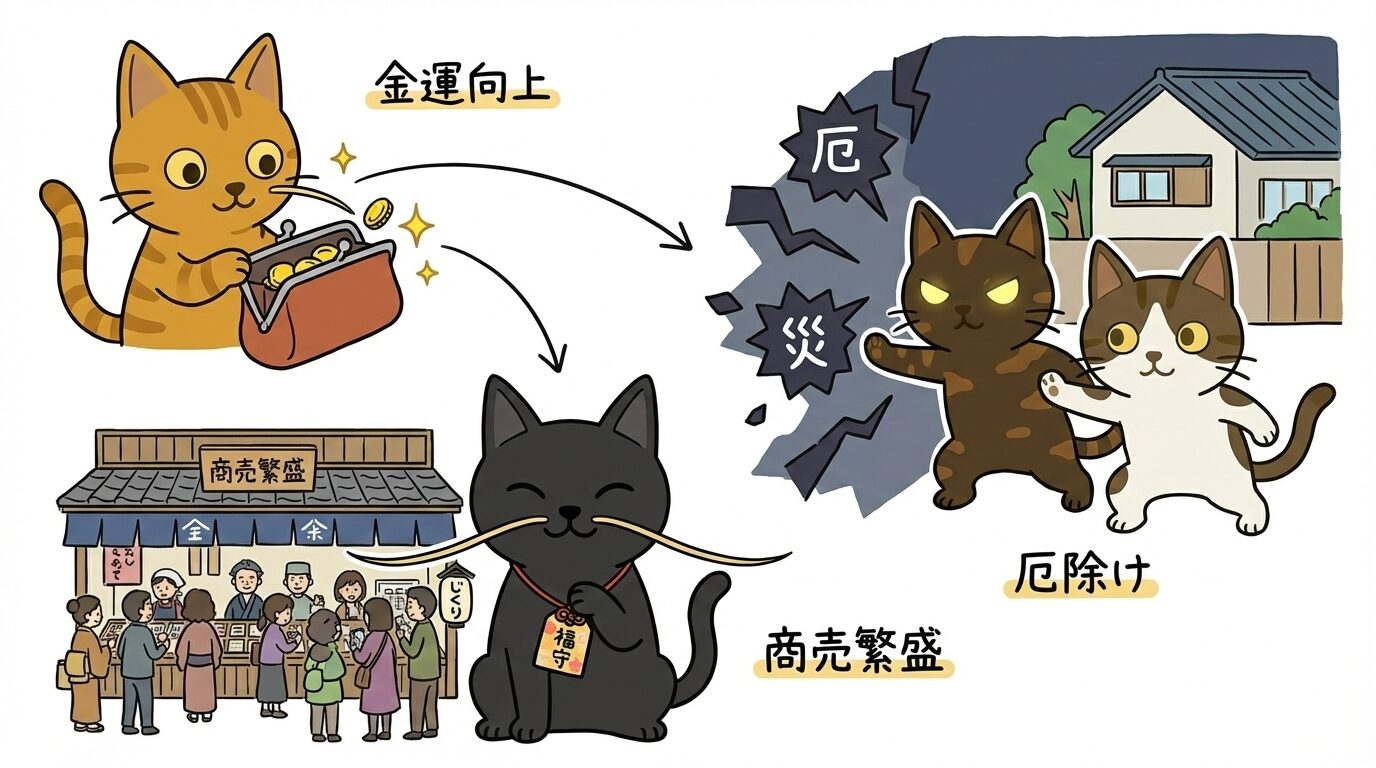 日本の伝承における猫のヒゲのご利益（金運向上、商売繁盛、厄除け）を表現したイラスト図解。