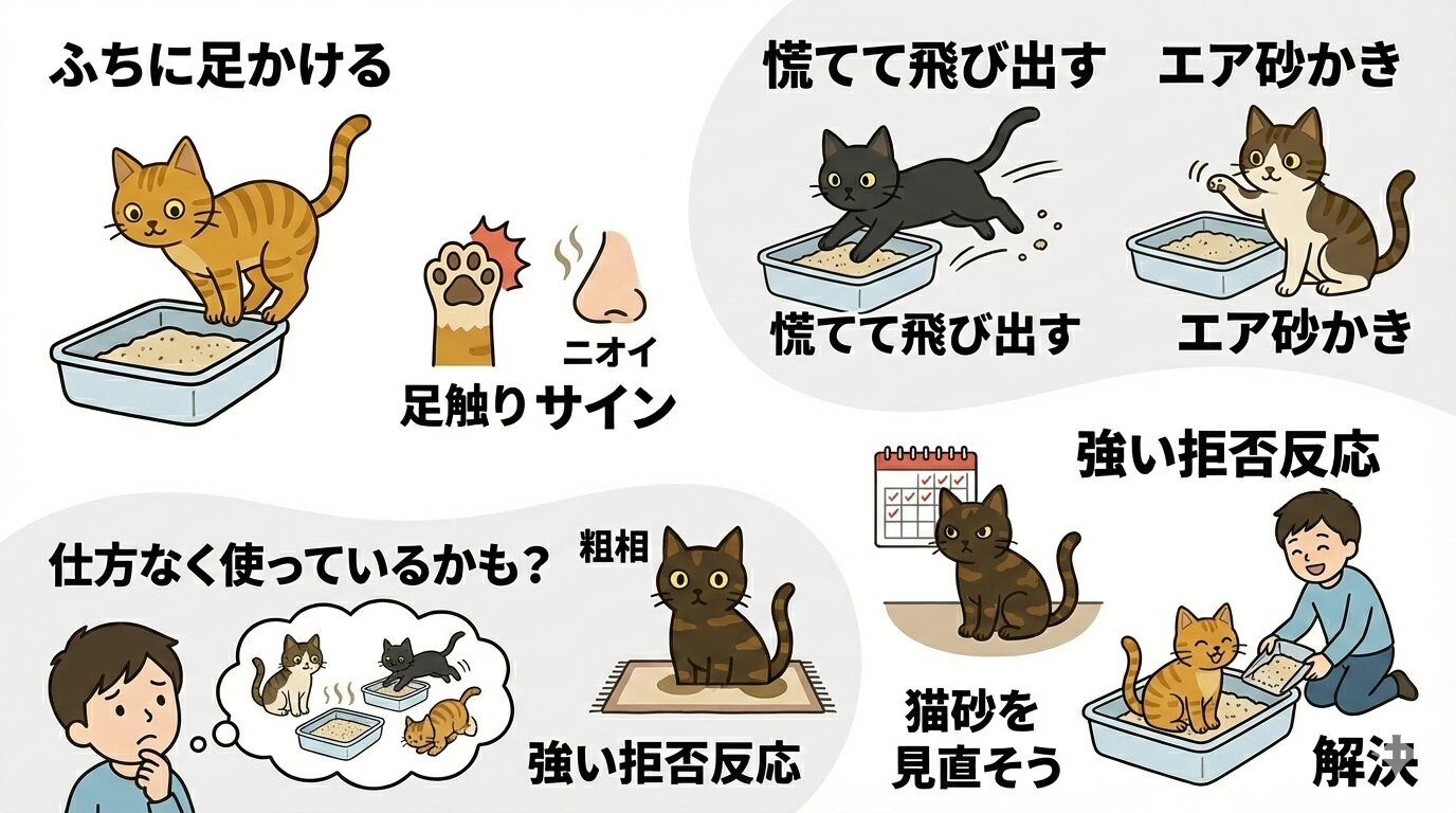 猫のトイレ不満サイン図解:ふちに足かけ、飛び出し、エア砂かき、粗相などの拒否反応。