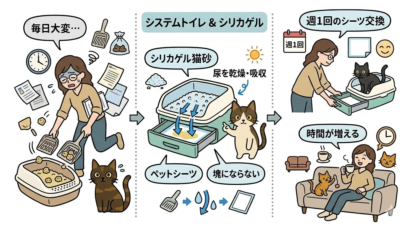 シリカゲル猫砂とシステムトイレで掃除の手間が減る仕組みをグラフィックレコードで解説したイラスト