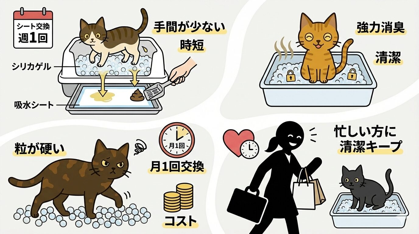 シリカゲル猫砂の特徴図解:システムトイレで掃除が楽、強力消臭、月一交換で忙しい人に最適。