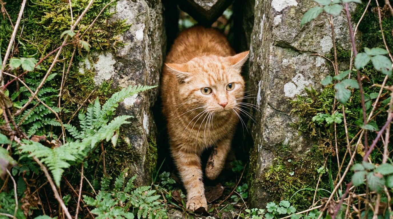 狭い石の隙間から、長いひげで周囲の幅を探りながら慎重に出てくる茶トラ猫。足元には泥がついている。