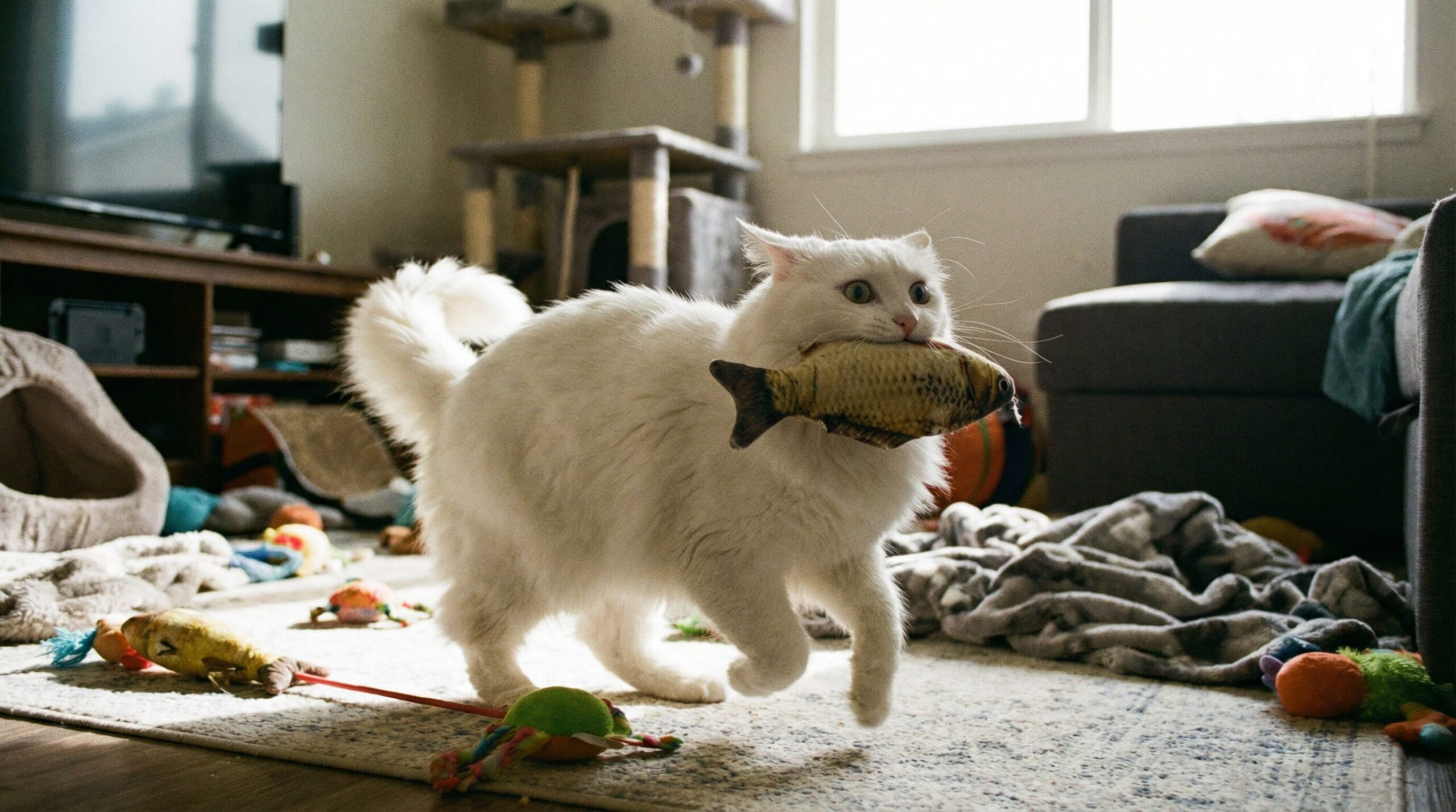 地震の予兆を感じ、大切な魚のぬいぐるみをくわえて避難する白猫