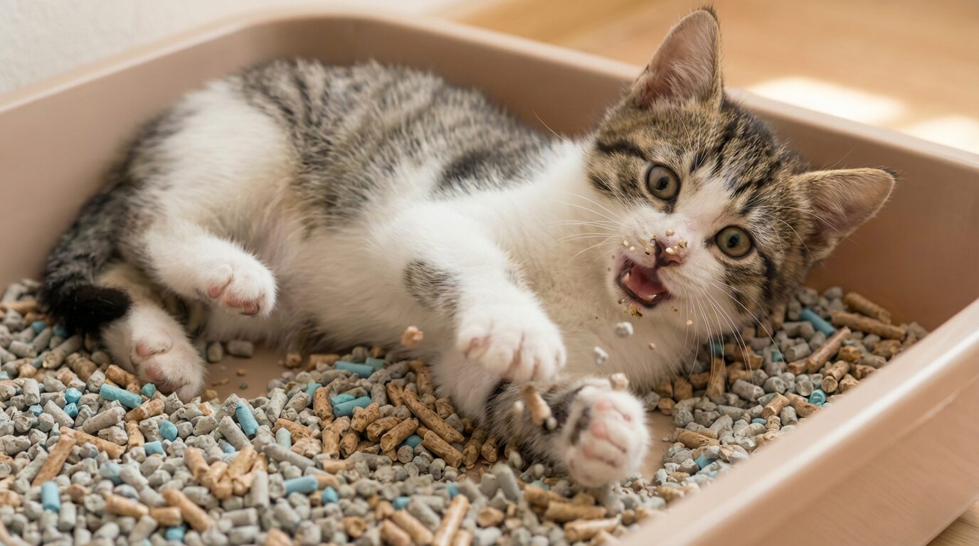 トイレ容器の中で猫砂と戯れる子猫。安全性や相性を確認する様子のイメージ