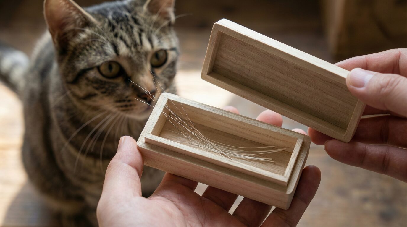 開かれた桐箱の中に大切に収められた猫のひげ。背景には持ち主であるキジトラ猫が佇んでいる。