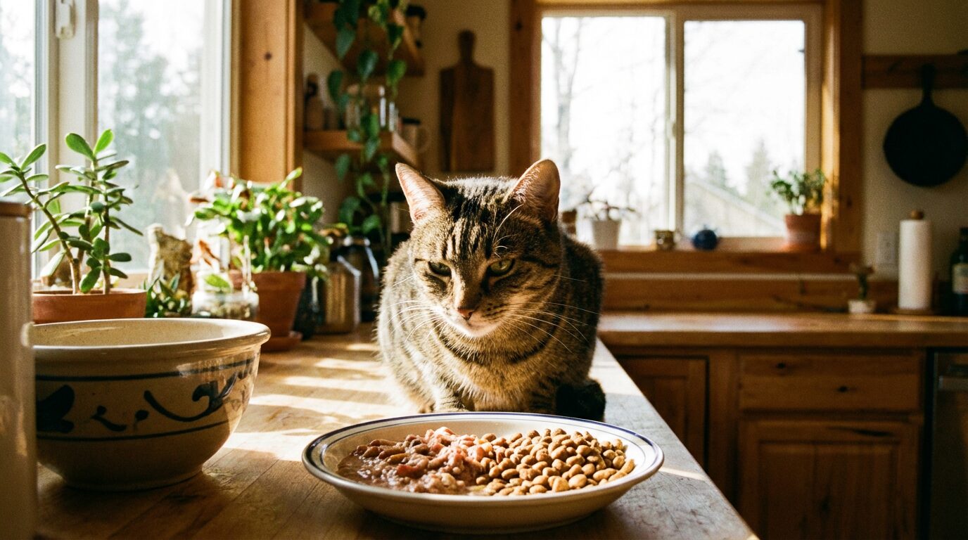 キッチンでフードの器の前に座るキジトラ猫