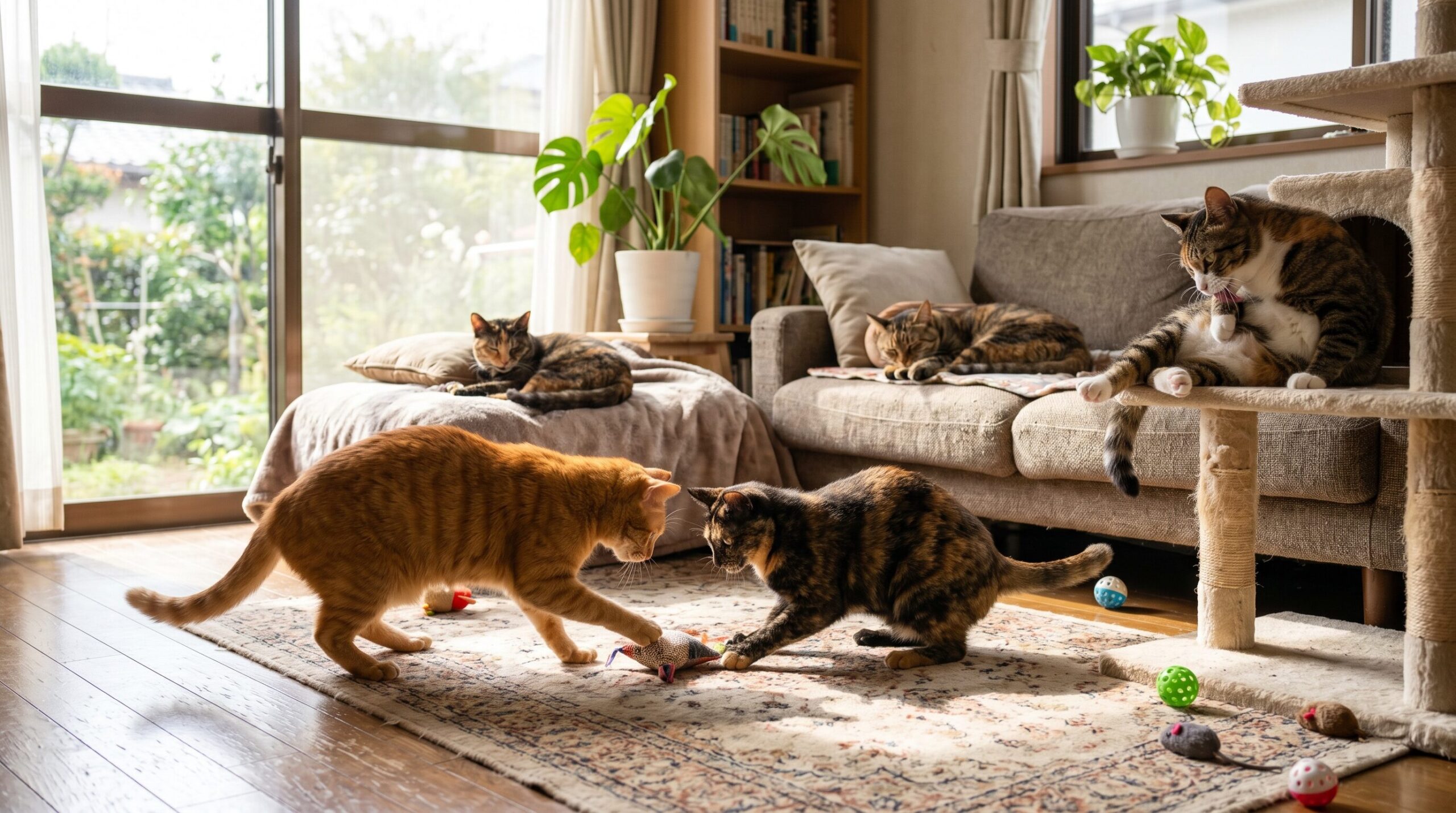 元気に遊ぶさまざまな柄の雑種猫たちの実写風写真