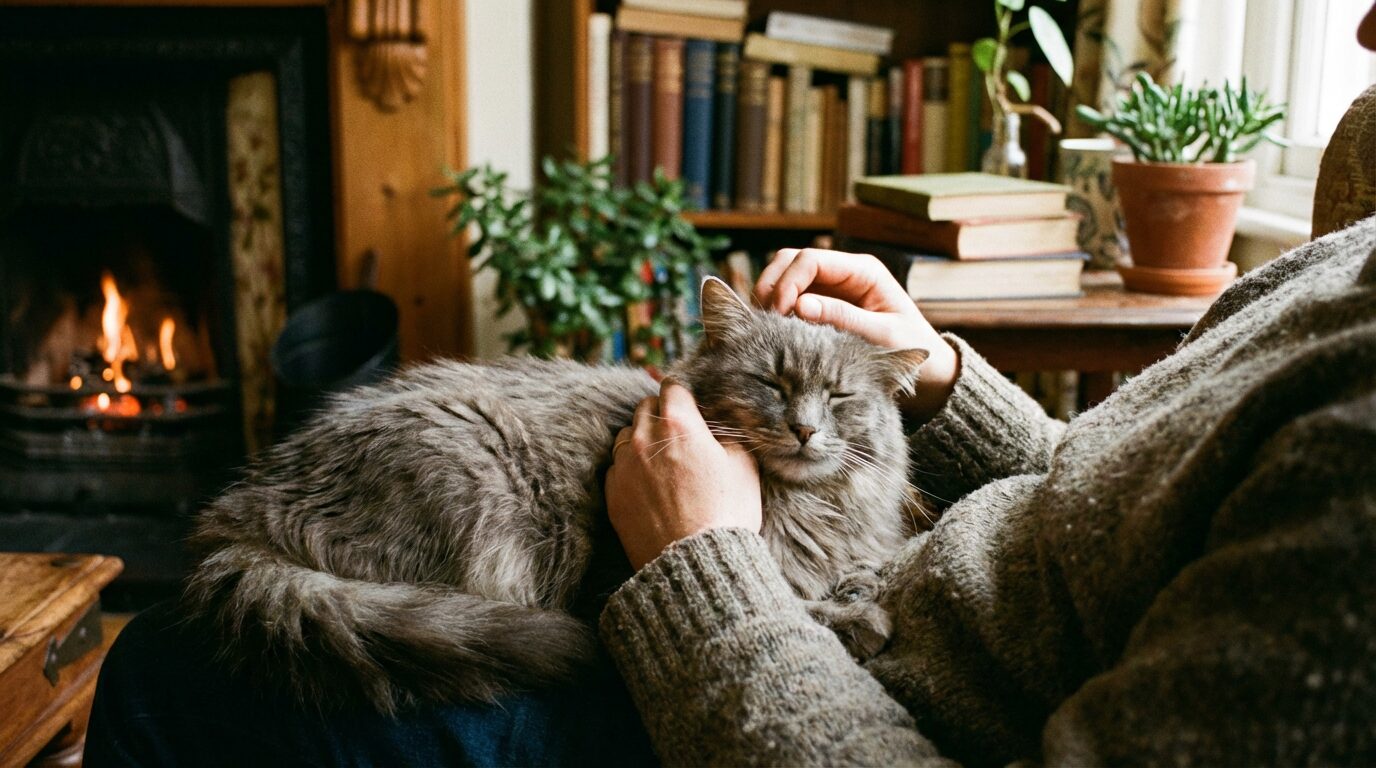 飼い主のそばでくつろぐ高齢のグレー猫