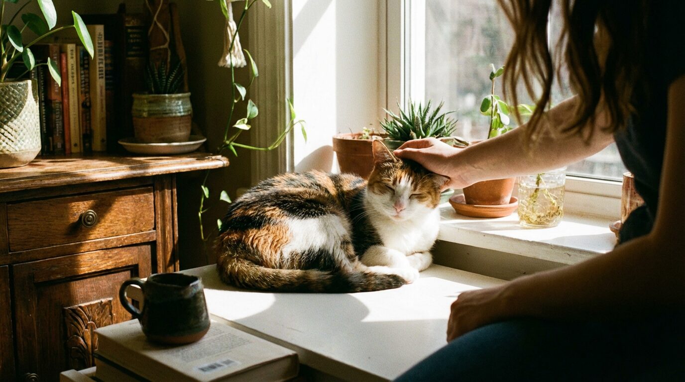 窓辺でくつろぐ三毛猫と飼い主の手