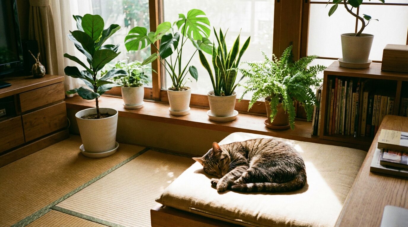 猫と観葉植物が一緒にある部屋の風景