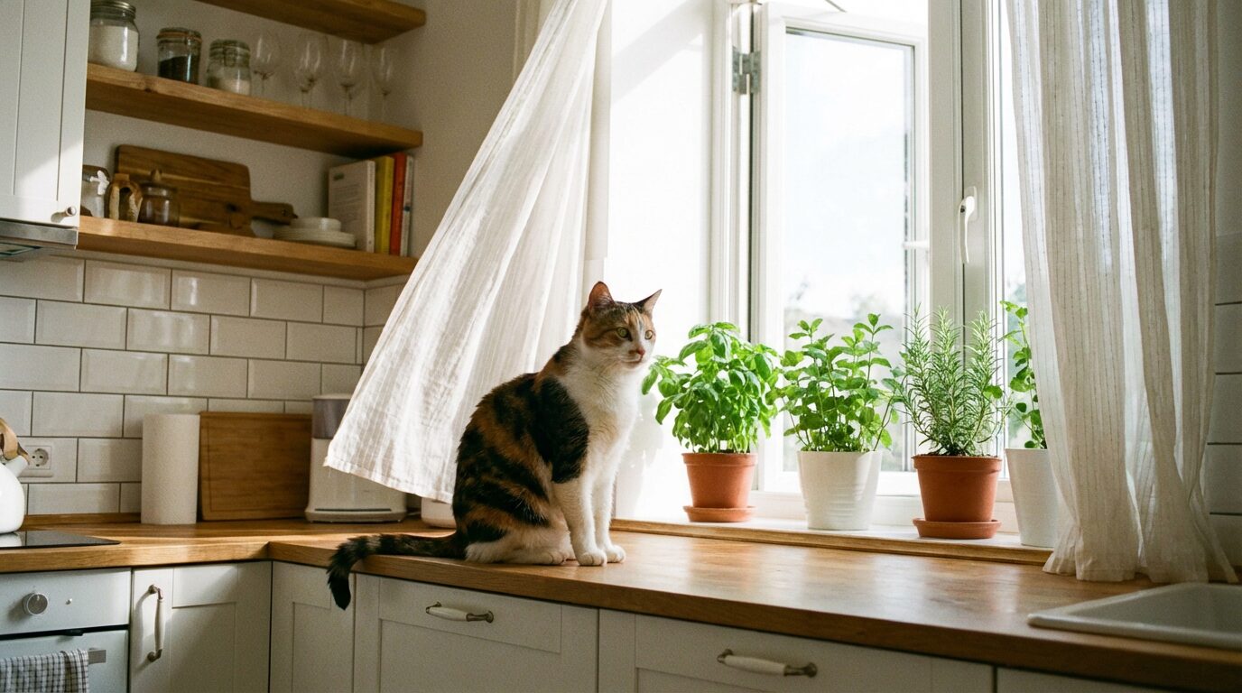 ハーブや天然素材で整えられた猫と暮らすキッチンのイメージ