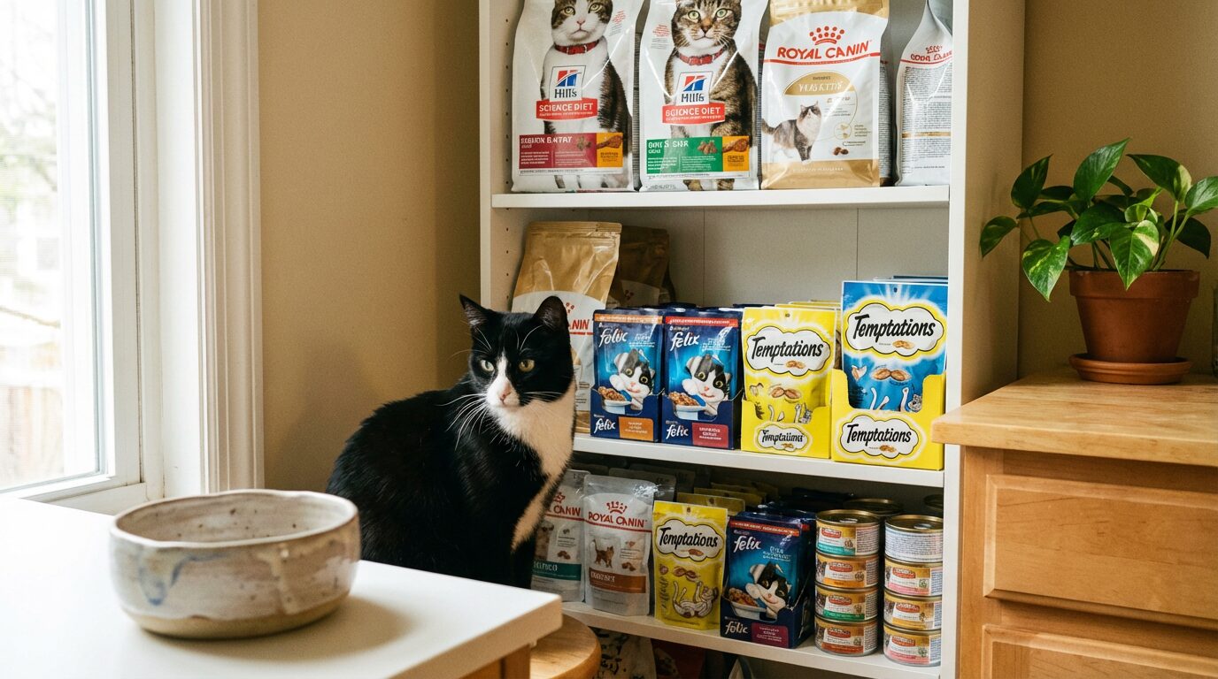 棚に複数種類のフードが並ぶキッチンで食事を待つハチワレの猫