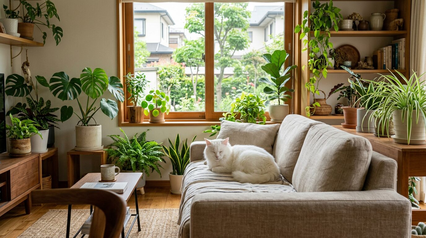 さまざまな観葉植物に囲まれた部屋でくつろぐ猫