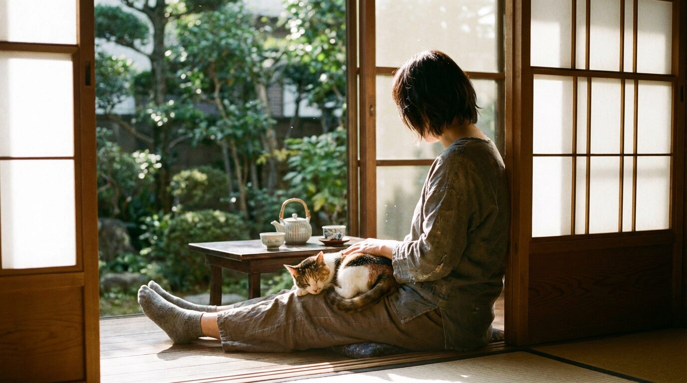 飼い主と猫が窓辺で静かに寄り添うようすを表した写真