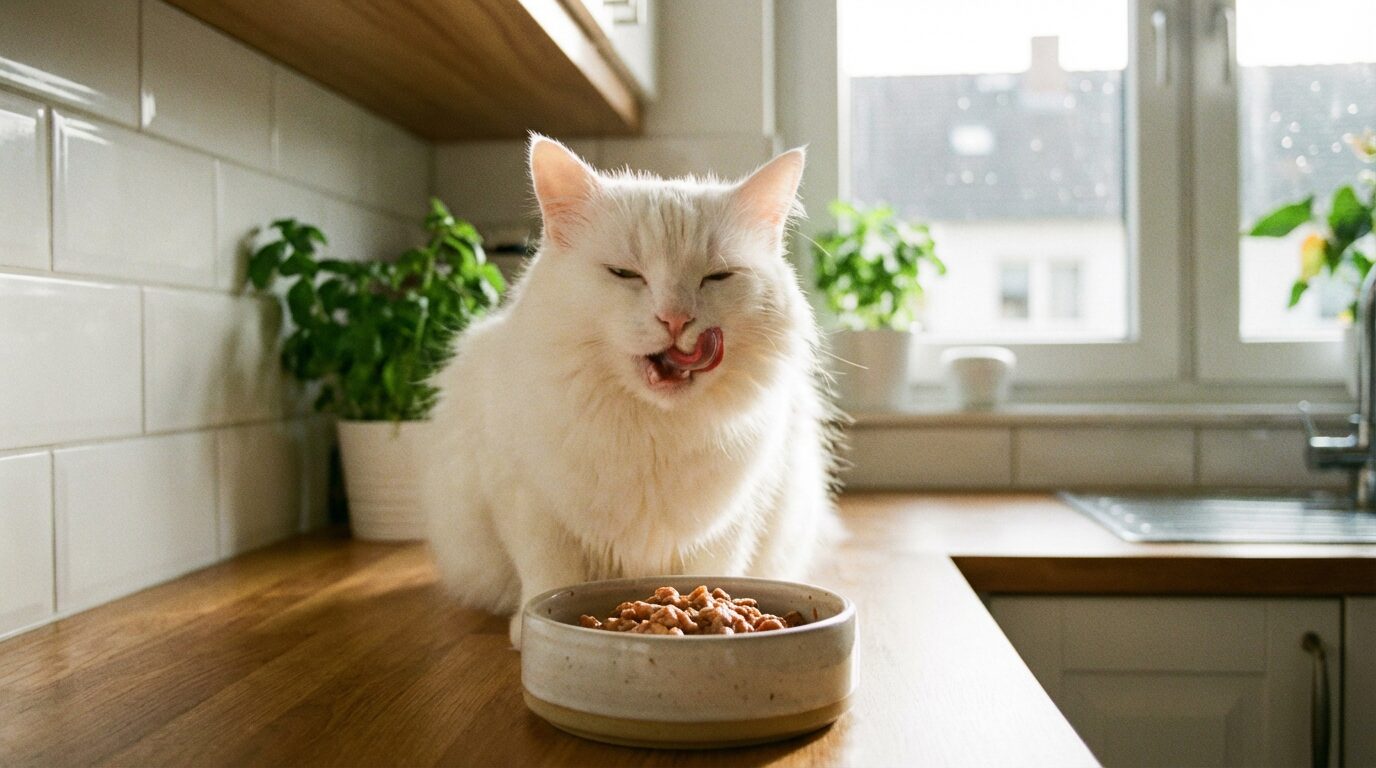 ウェットフードのお皿の前で満足そうな表情の白猫