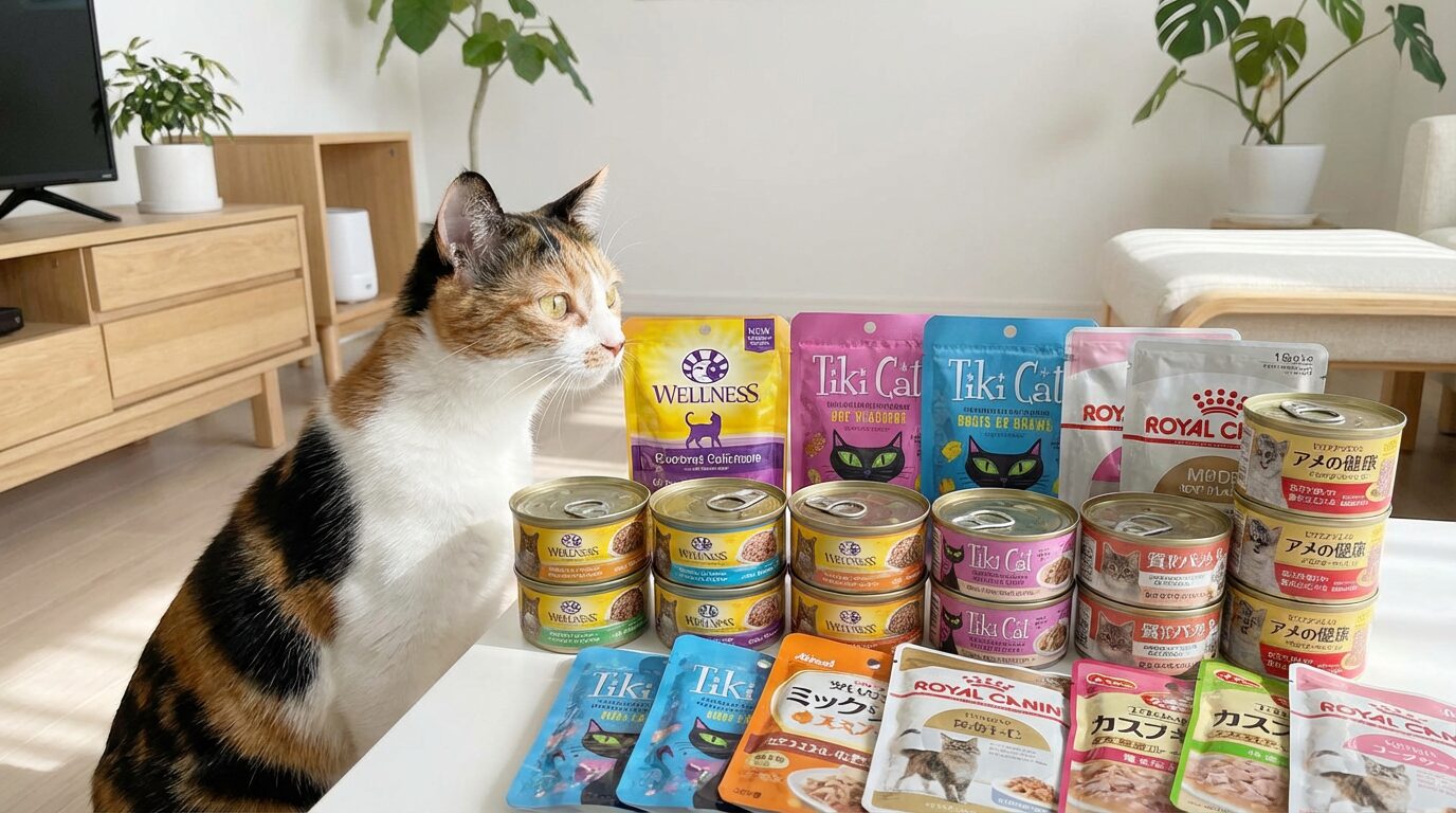 いろいろなウェットフードのパッケージを並べて選んでいるイメージの三毛猫