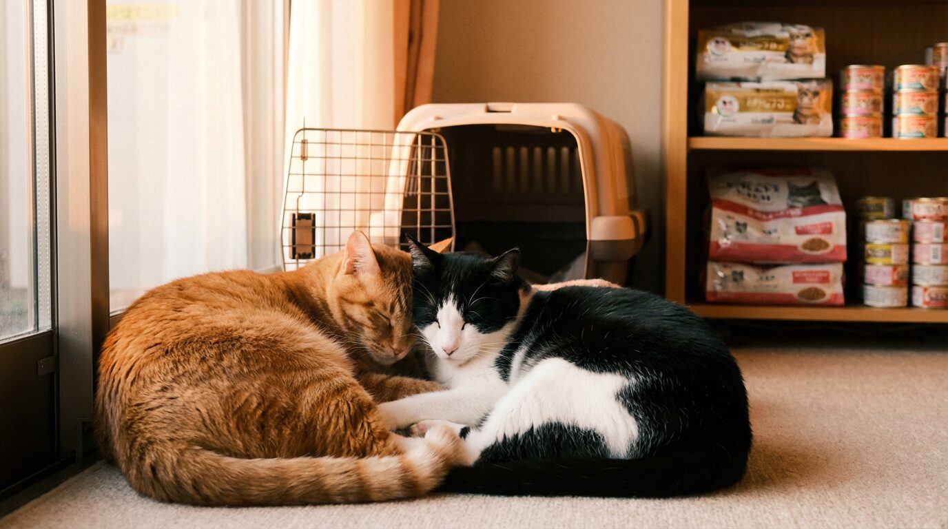 夕暮れの窓辺で寄り添って眠る茶トラとハチワレの猫