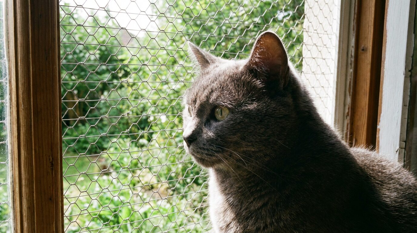 猫が網戸越しに外を眺めている様子